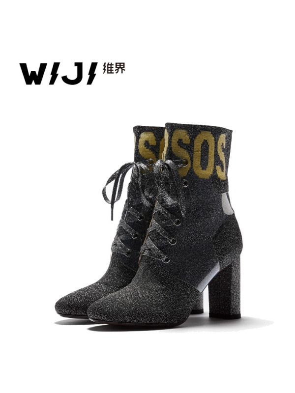 WIJI2018秋季新款摩登粗跟女靴街头嘻哈时尚袜子鞋ulzzang原宿鞋