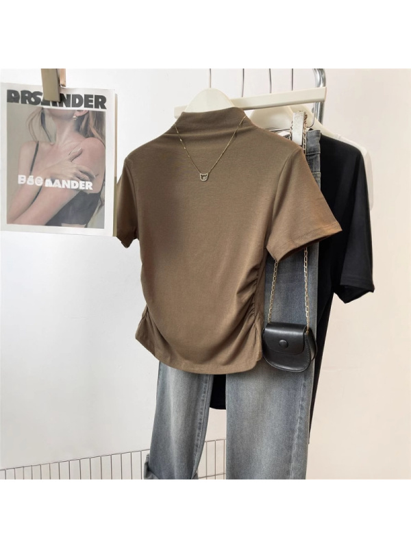 夏季新款半高领收腰短袖T恤女简约褶皱设计感修身短款上衣潮