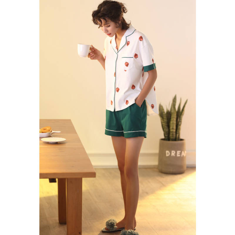 安之伴棉质开衫睡衣女夏甜美清新短袖韩版休闲少女家居服宽松大码