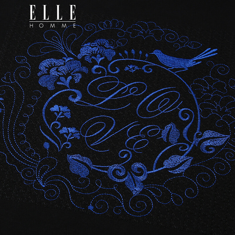 ellehomme男装卫衣秋冬新款时尚圆领花鸟绣花图案舒适套头衫黑色