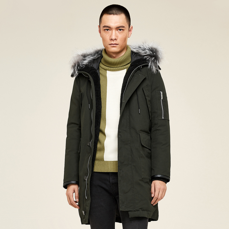 GXG男装 冬季男士时尚都市流行青年修身军绿中长款羽绒服外套