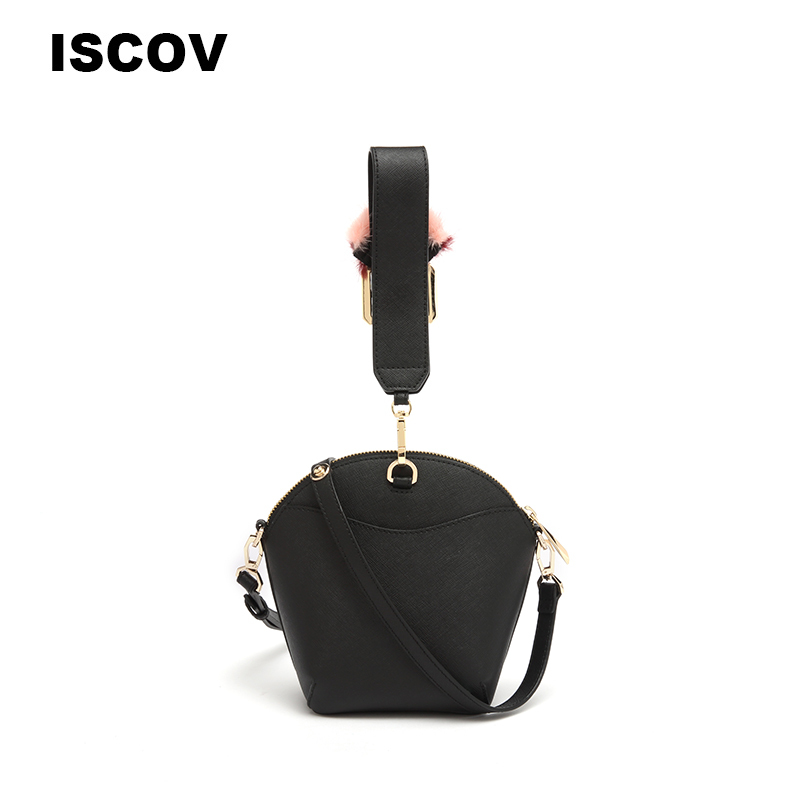 ISCOV十字纹牛皮斜挎包 春夏 时尚绒球手提单肩包