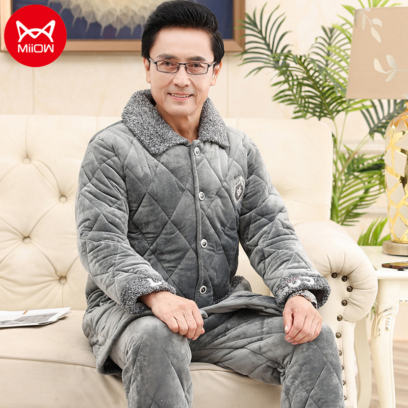 猫人贝贝绒夹棉中老年款睡衣男冬季翻领保暖开衫长袖长裤家居服