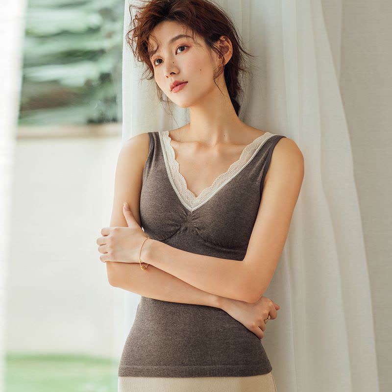 秋冬保暖背心女内搭外穿蕾丝带胸垫V领修身免穿文胸打底背心图片