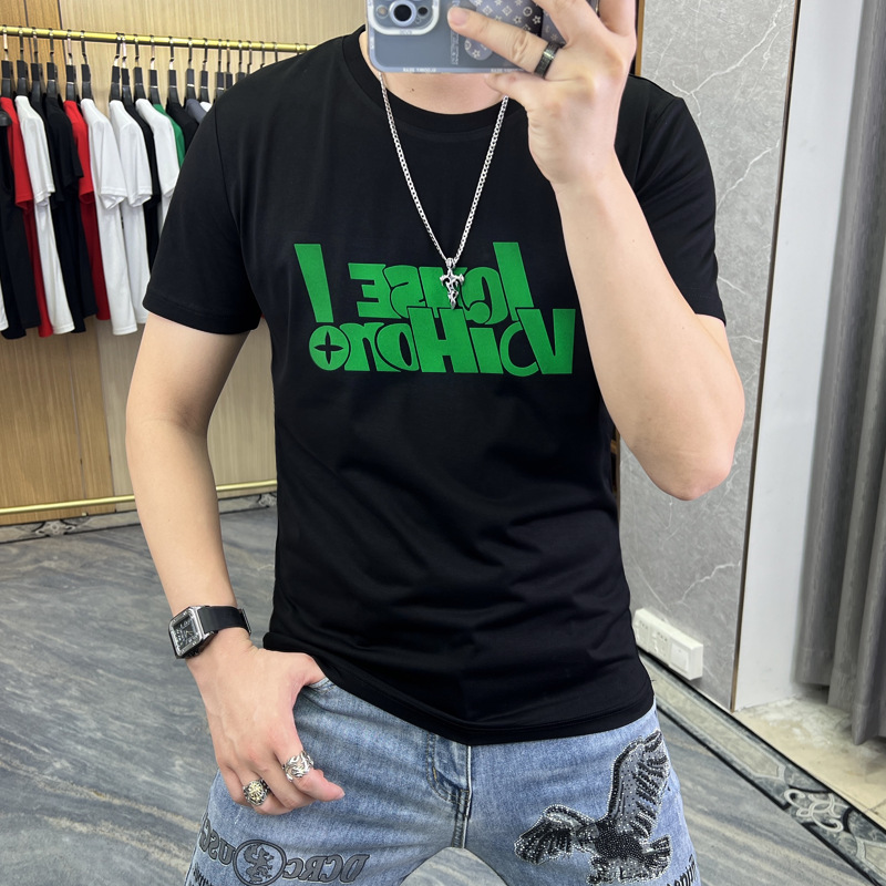 夏季欧货新款字母T恤男士上衣简约半袖衫修身潮圆领体恤