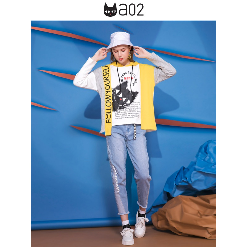 a02新款个性撞色拼接卡通印花秋冬加厚卫衣女DTU5B0761KT