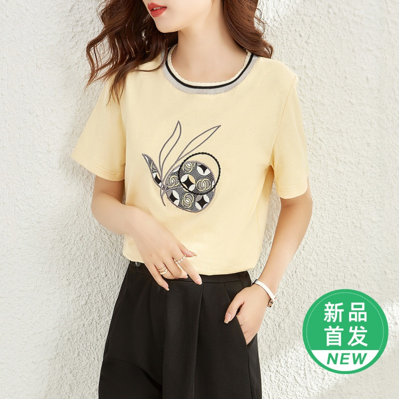 OUNIXUE欧昵雪 | [简约套头短袖]夏季时尚撞色拼接圆领休闲印花上衣T恤女