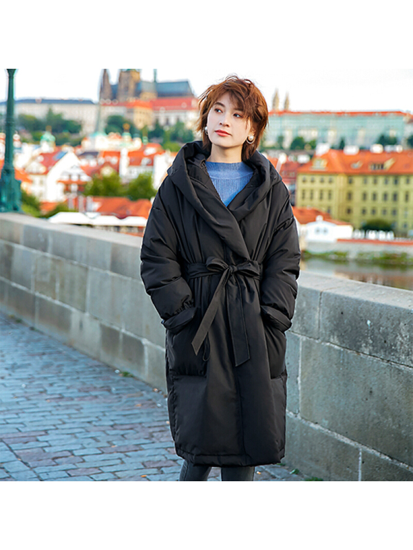 德玛纳黑色气质鹅绒羽绒服女中长款2018冬季宽松收腰系带面包服黑色