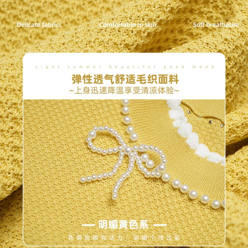 OUNIXUE欧昵雪 | [蝴蝶结装饰针织衫]夏季文艺范圆领钉珠小众短袖撞色小衫女