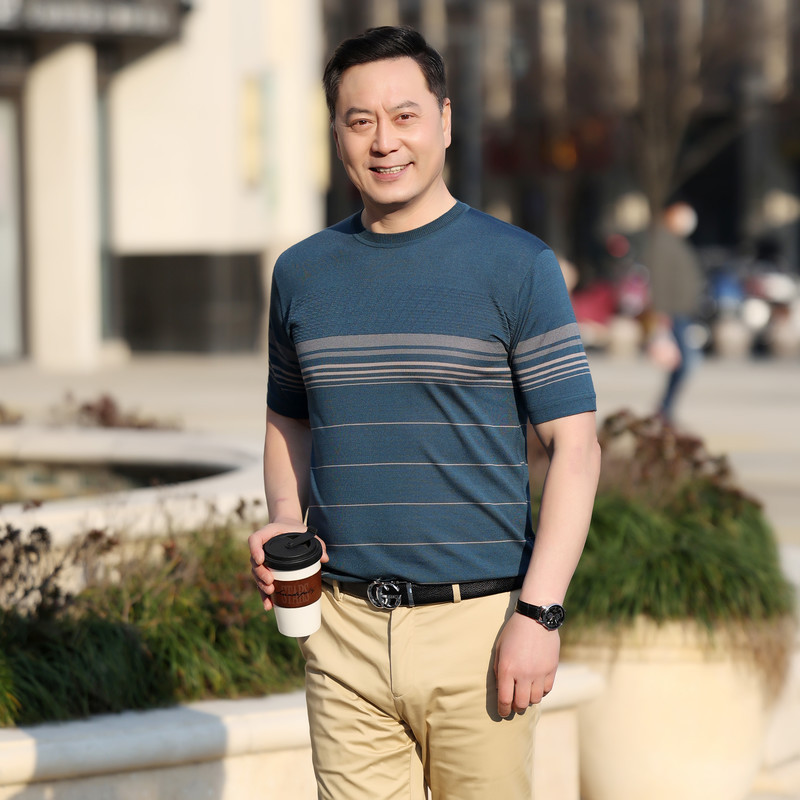 中年男士短袖圆领t恤 百搭休闲薄款简约翻领t恤爸爸装