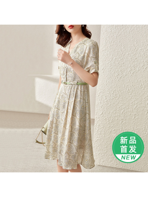 OUNIXUE欧昵雪 | [优雅碎花A字裙]夏季时尚半开V领配皮带宽松休闲连衣裙女