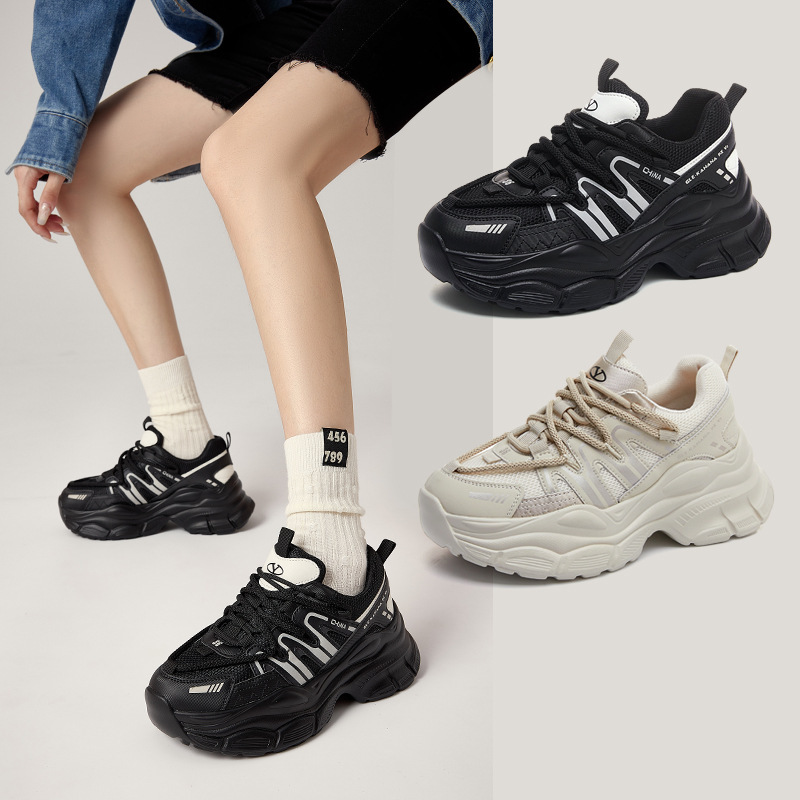 网红老爹鞋女in低帮鞋s潮2023年秋季新款韩版真皮厚底增高百搭运动单