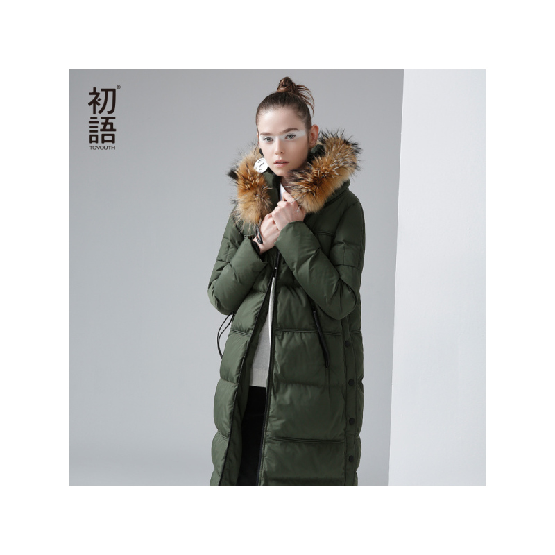 初语羽绒服女过膝中长款直筒显瘦毛领时尚连帽加厚外套