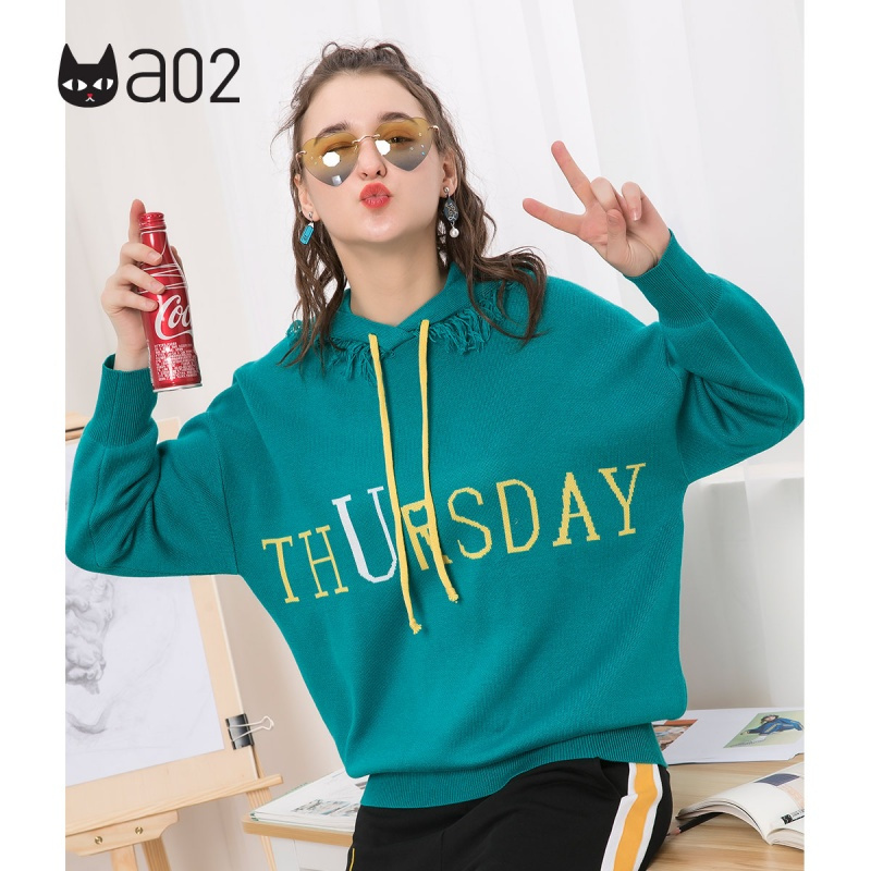 a02新款时尚流苏帽子字母印花抽绳针织衫女D1T6EW031ST