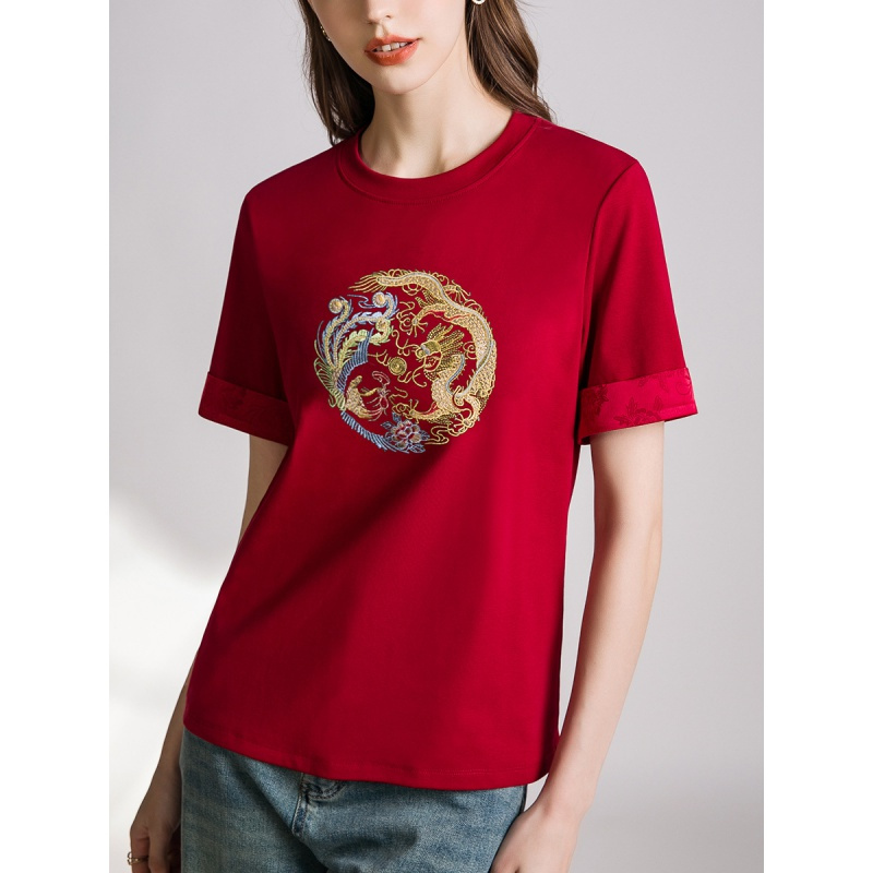 轻中式刺绣t恤短袖女春夏圆领设计感拼接显瘦宽松洋气衣服女