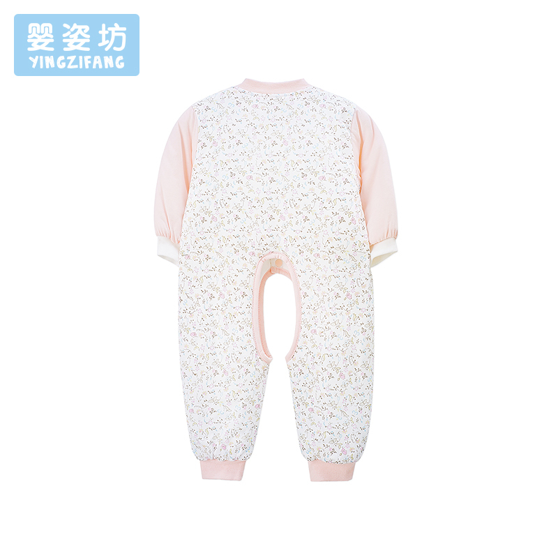秋季新款女童碎花长袖拼接夹棉保暖前开扣挖裆连体衣