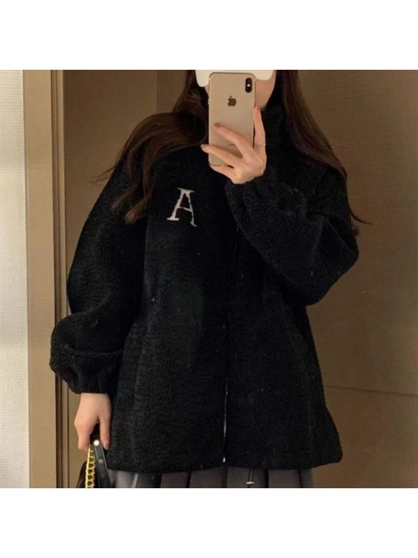 立领字母宽松显瘦加绒加厚保暖外套秋冬季新款拉链时尚简约棉服潮