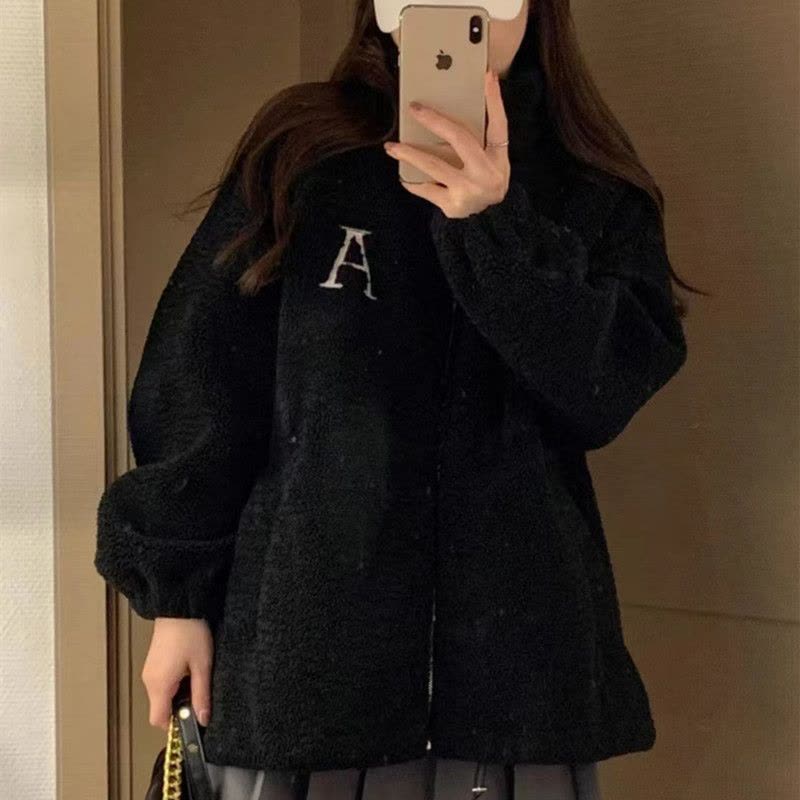 立领字母宽松显瘦加绒加厚保暖外套秋冬季新款拉链时尚简约棉服潮图片