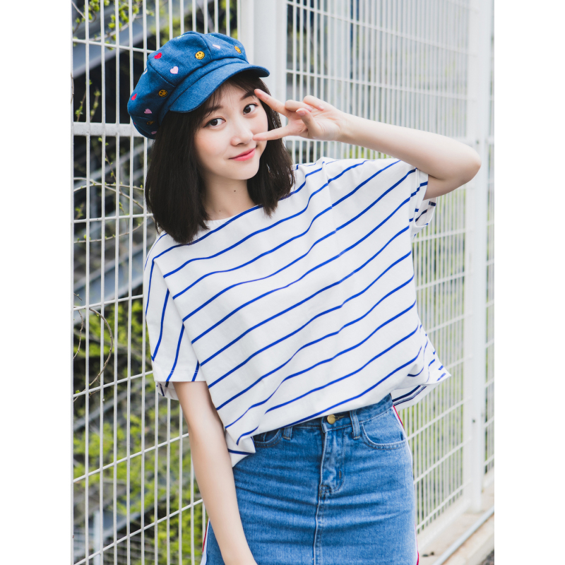MolaLuna2018夏季新品韩版宽松显瘦条纹T恤女士