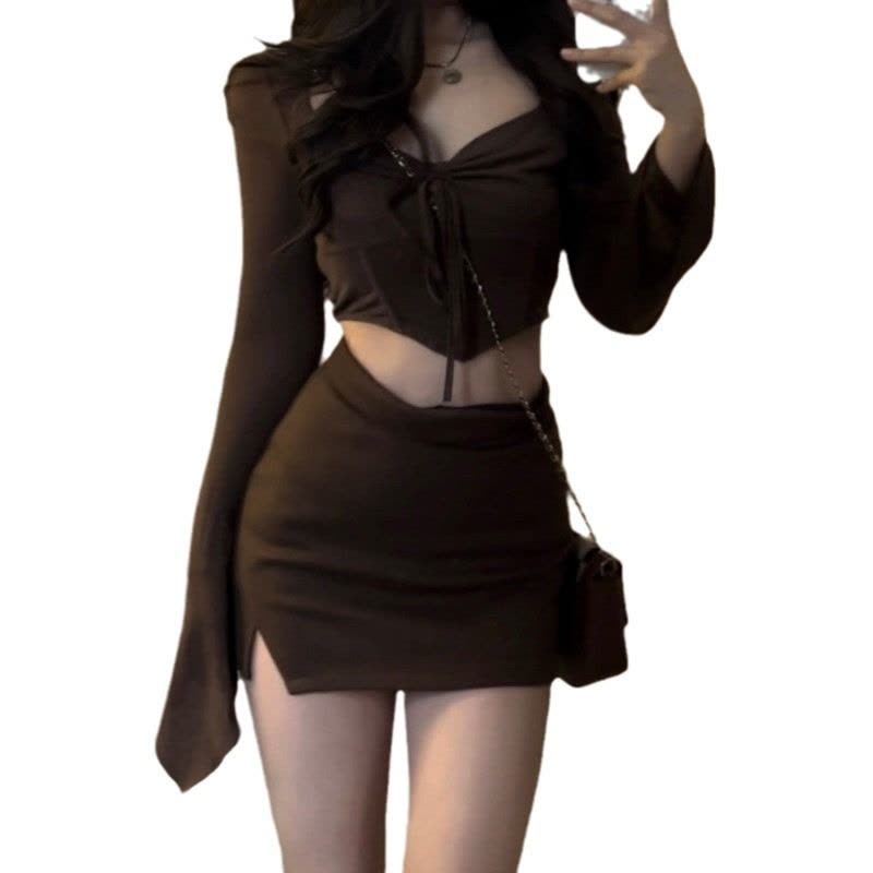 纯欲风辣妹小个子套装春秋甜美抽绳褶皱短款上衣+包臀短裙两件套图片