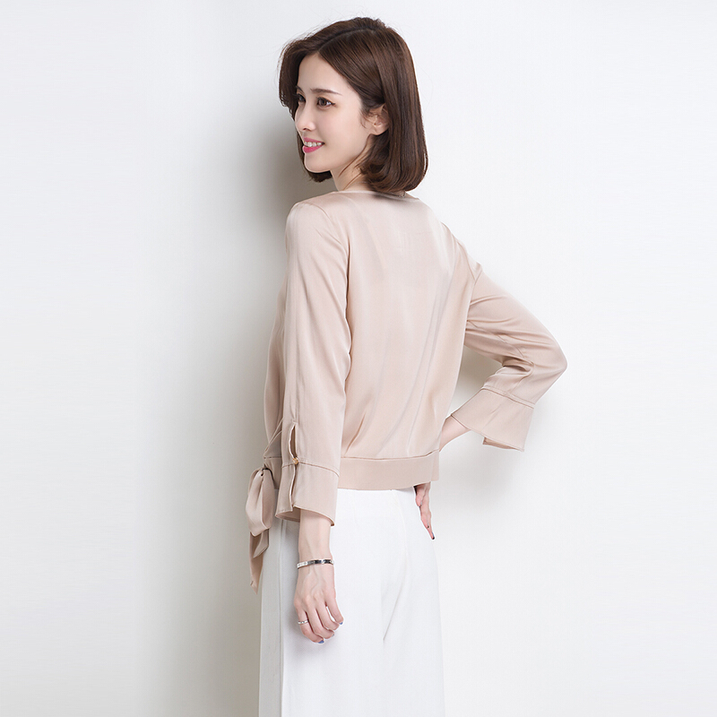 真丝t恤女士圆领桑蚕丝上衣宽松显瘦长袖上衣女士百搭真丝上衣米色