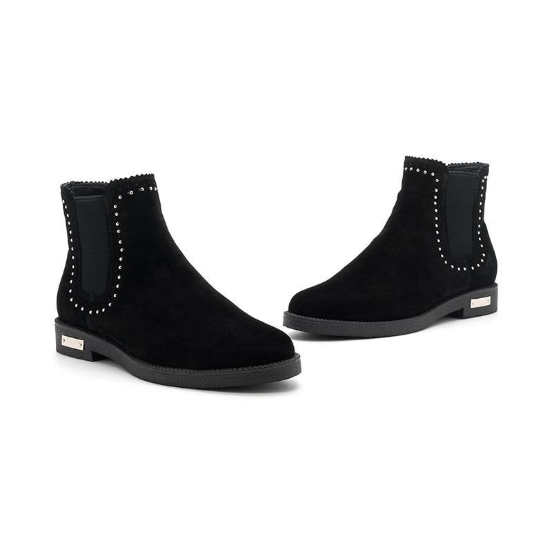 ST&SAT/星期六旗下冬季牛皮革铆钉装饰圆头低跟方跟时尚短靴女DF84116283图片