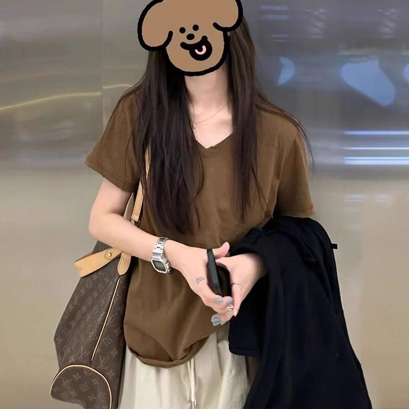 V领纯色T恤女短袖2025夏季新款打底休闲韩系显瘦韩版宽松学生上衣