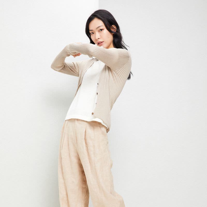 鄂尔多斯ERDOS【100%桑蚕丝】春夏V领抽条柔软舒适百搭开衫女士针织衫/ 毛衣图片