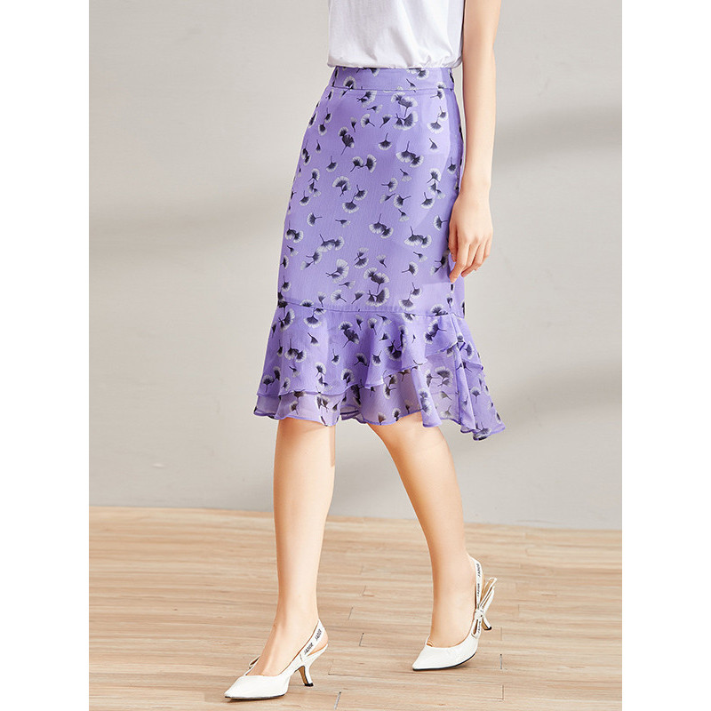 欧昵雪夏荷叶边鱼尾裙女碎花雪纺半身裙包臀显瘦一步裙x