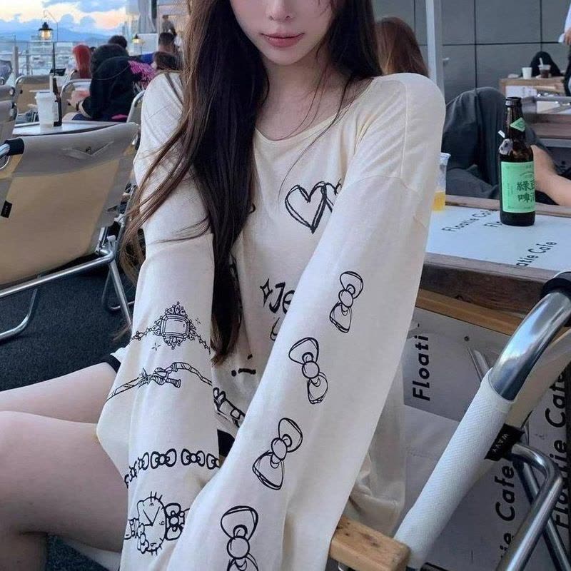 趣味kt猫印花慵懒卡通薄款长袖T恤女装夏季新款宽松防晒罩衫上衣图片