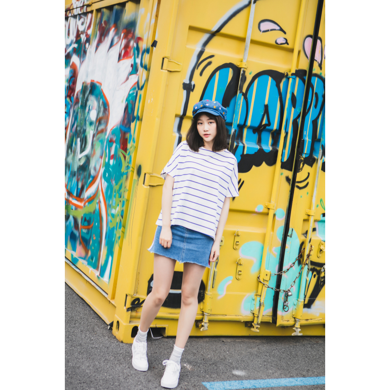 MolaLuna2018夏季新品韩版宽松显瘦条纹T恤女士