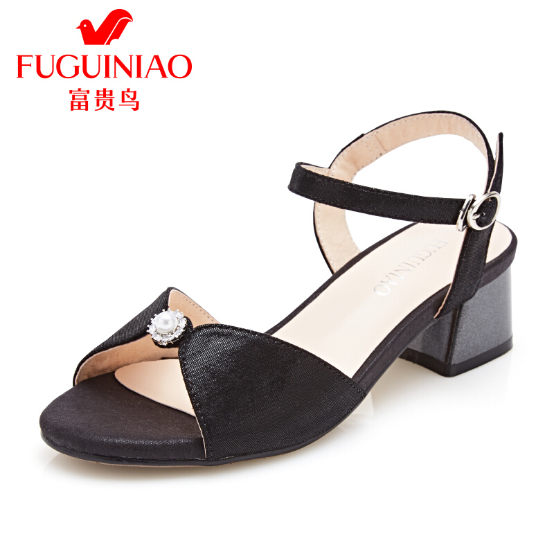 富贵鸟（FUGUINIAO）2018夏季新品优雅珍珠水钻后空粗跟女凉鞋百搭凉鞋