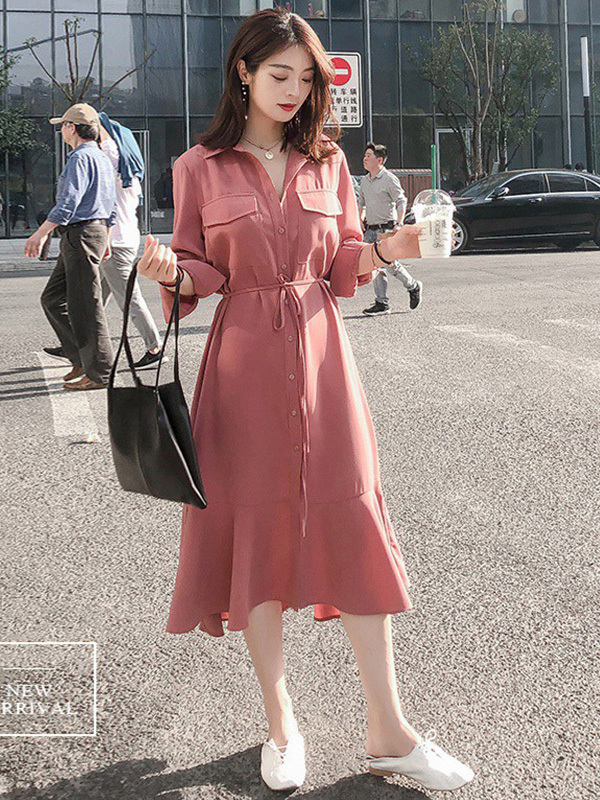 丝柏舍2019秋装女装时尚纯色显瘦收腰气质连衣裙S93R4466L