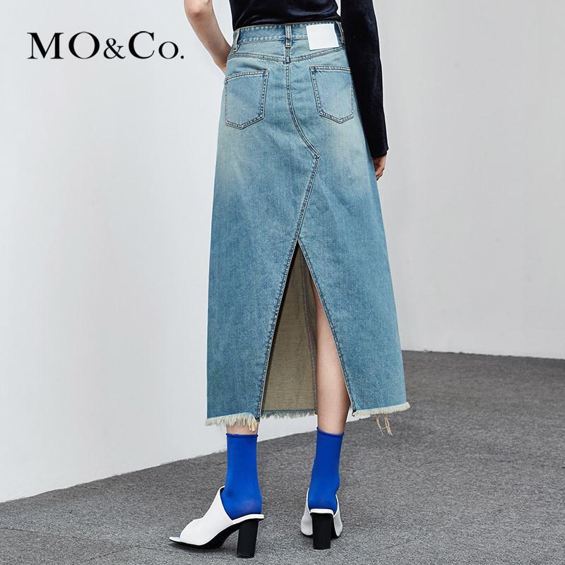MOCO高腰绑带牛仔半身裙开叉中长款夏女a字裙2018新款港味复古
