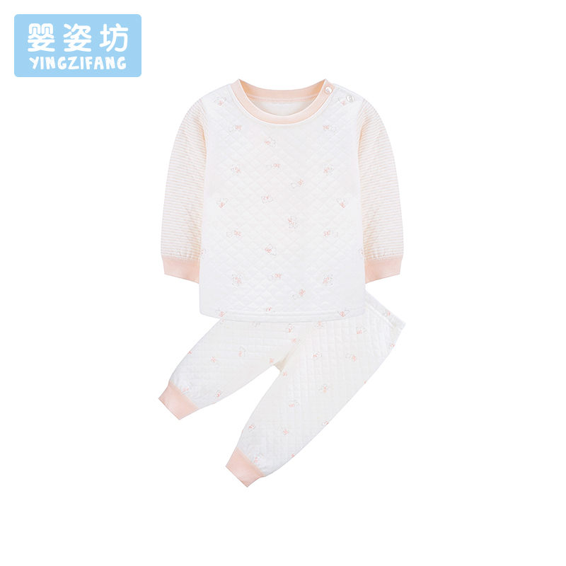 秋季男童女童条纹印花拼接套装圆领长袖双层肩开扣两件套
