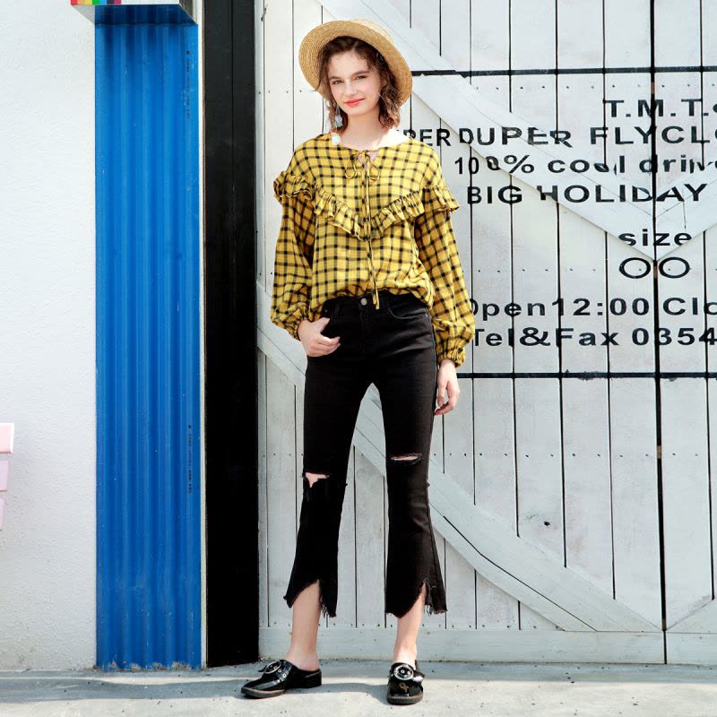 日韩时尚甜美荷叶边系带格纹灯笼袖小衫图片
