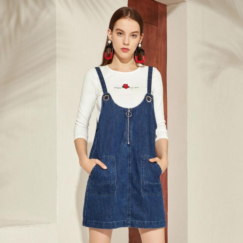 拉夏贝尔夏季新款连衣裙女装显瘦牛仔背带裙七分袖t恤短款两件套女