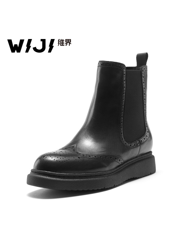 WIJI切尔西靴女2017冬季潮流新款胎牛皮时尚百搭厚底套筒短靴子