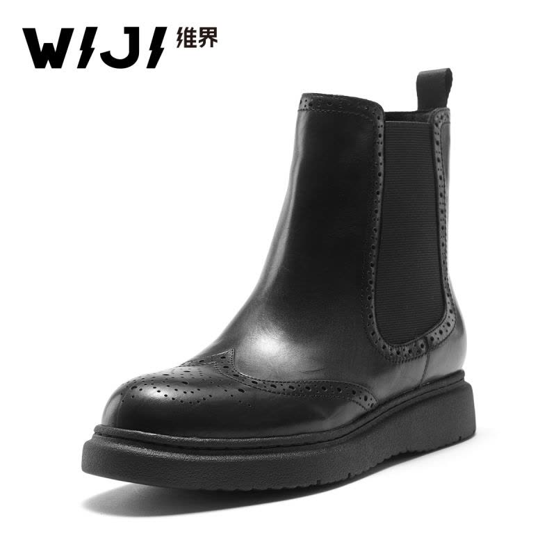 WIJI切尔西靴女2017冬季潮流新款胎牛皮时尚百搭厚底套筒短靴子图片