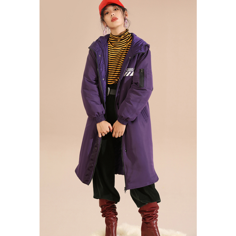 妖精的口袋Y棉服女韩版冬装紫色长款外套大衣保暖棉衣女R