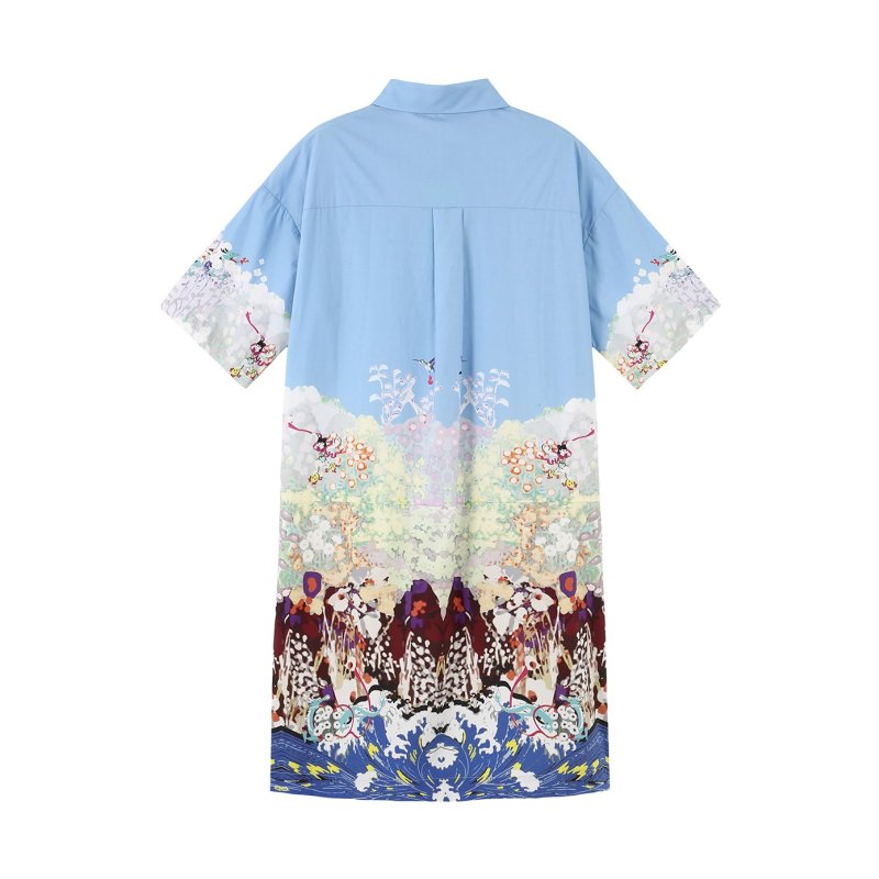 马克华菲女装2018春夏新品开拼接撞色翻领女式短袖衬衫