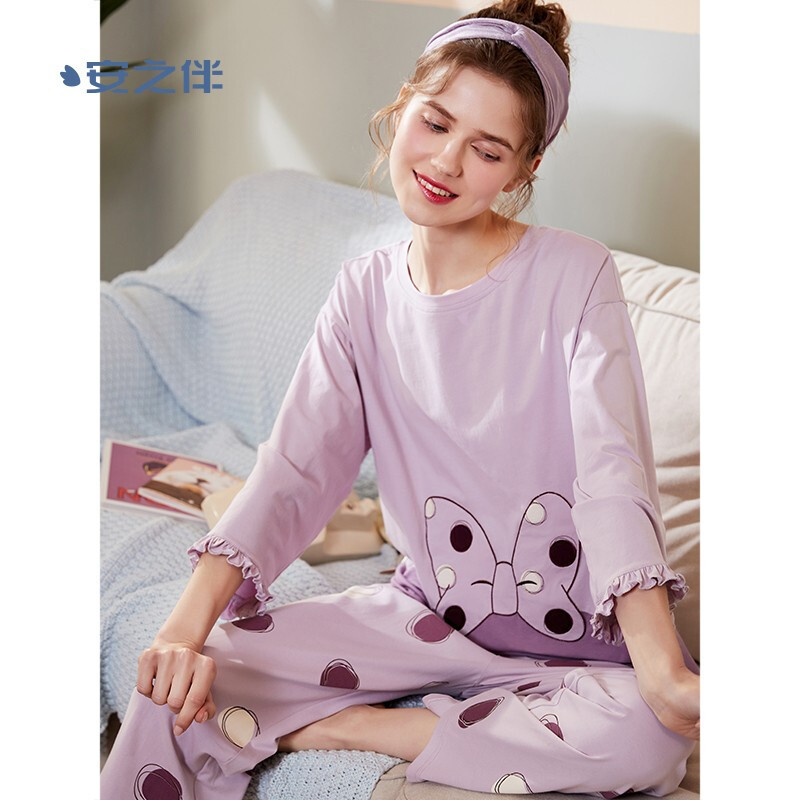 安之伴睡衣女弹力圆领套装棉质针织素色长袖可外穿女士家居服套头套装