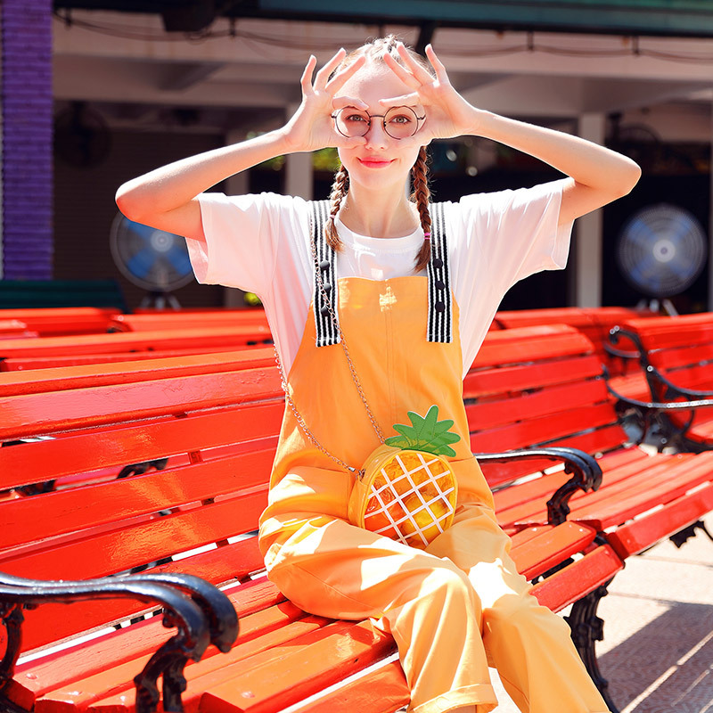 夏季少女背带裤女韩版宽松2019新款糖果色九分裤显瘦连体裤老爹裤