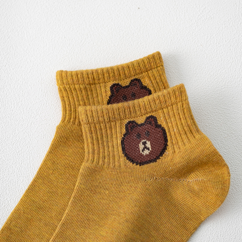 初愫5双装日系新春棉质小熊袜子女浅口低帮透气短袜