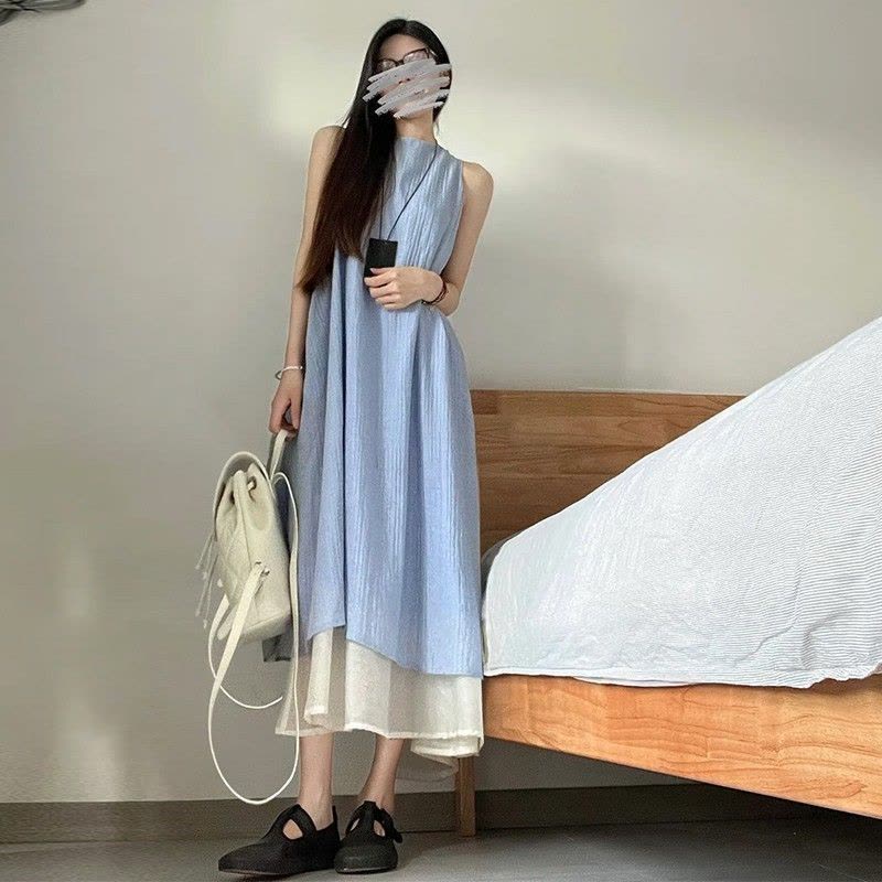 法式假两件连衣裙女装夏季新款宽松显瘦垂坠感气质长裙子夏装图片