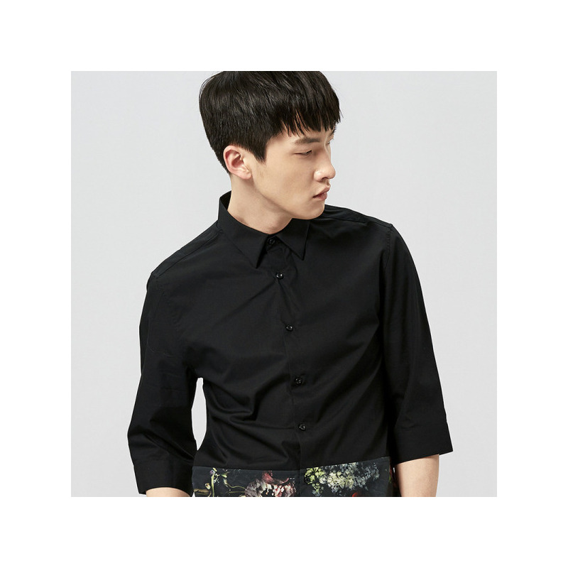 gxgjeans男装夏衬衣男印花拼接休闲中袖黑衬衫