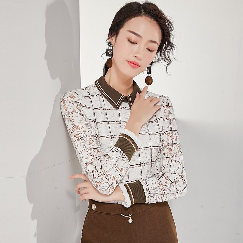 欧昵雪气质撞色Polo领印花格子蕾丝衫女套头长袖小衫