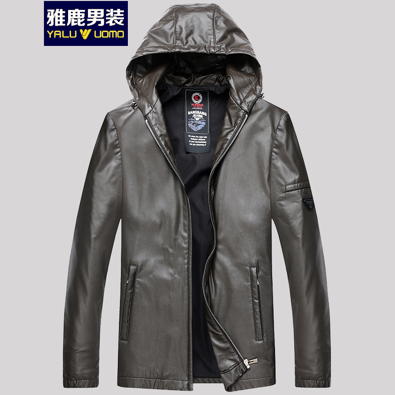 雅鹿男装皮衣男中青年修身短款连帽皮衣秋季新款时尚休闲皮夹克外套S45EDPA88025