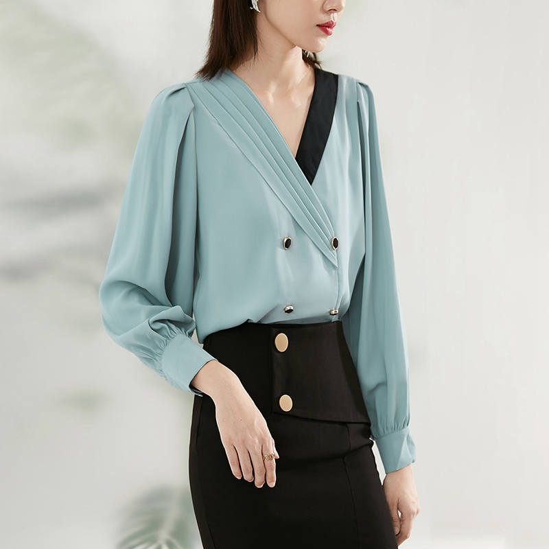 晚白2021春季新品通勤时尚纯色V领常规百搭宽松雪纺衫衬衫衬衣女