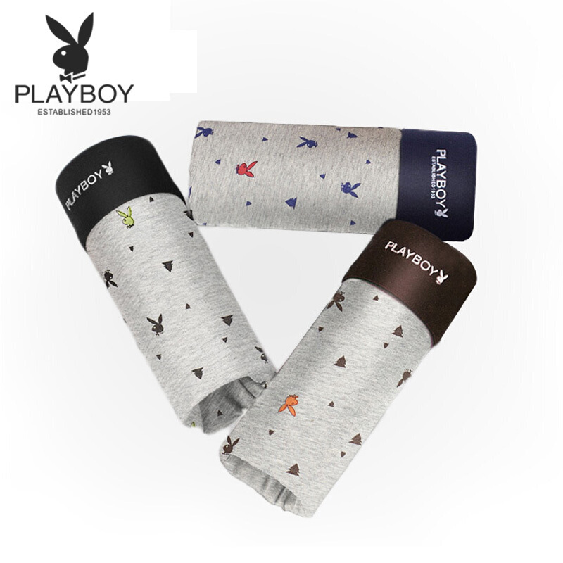 [苏宁自营]PLAYBOY花花公子男士内裤男弹力棉四季兔头印花滴胶平角裤头3条礼盒装5889